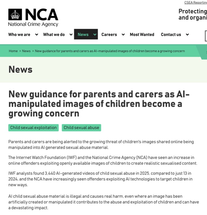 National Crime Agency: new guidance for parents and carers as AI-manipulated images of children become a growing concern