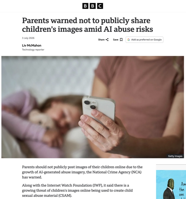 BBC: Parents warned not to publicly share children's images amid AI abuse risks